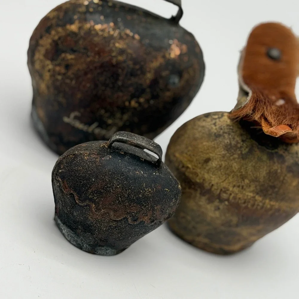 Vintage Swiss Cow Bell Set of 3 Lauterbrunnen Alpine Rustic Metal Fur Strap